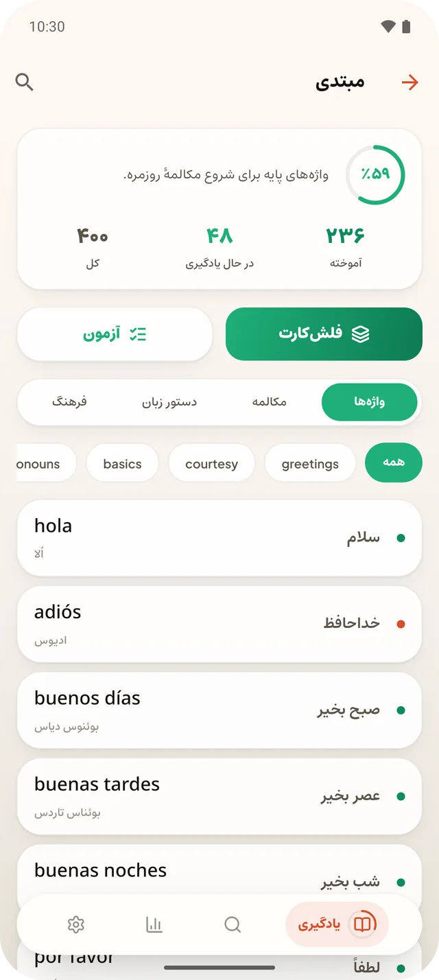 صفحهٔ «واژههای هر سطح» در برنامه